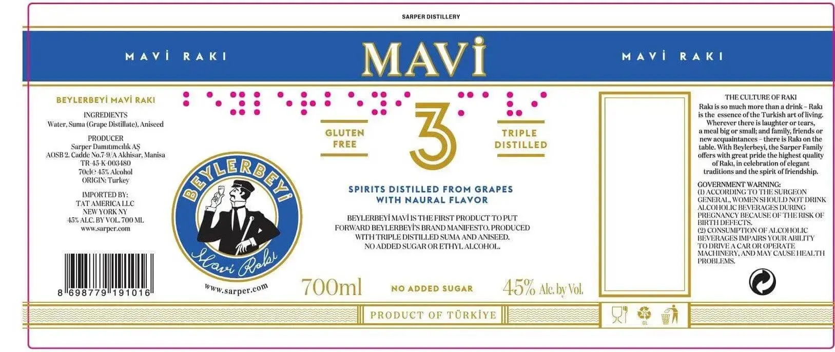 Beylerbeyi Mavi Raki Triple Distilled 700ml