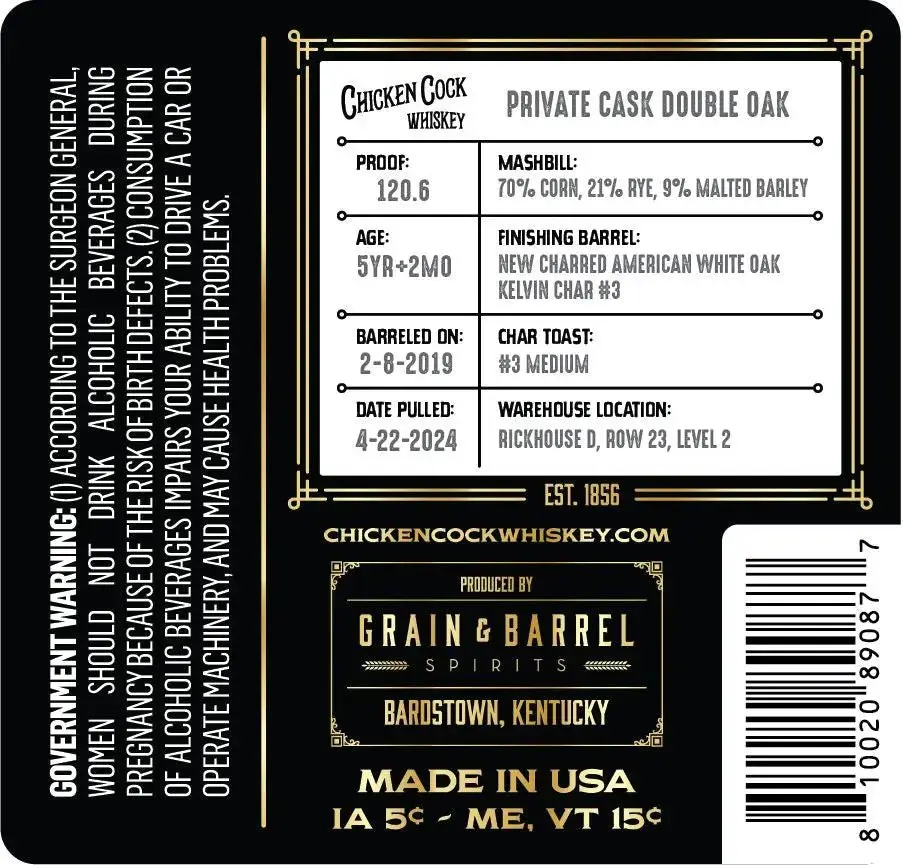 Chicken Cock Private Cask Double Oak Kentucky Whiskey Barrel Proof - Image 2