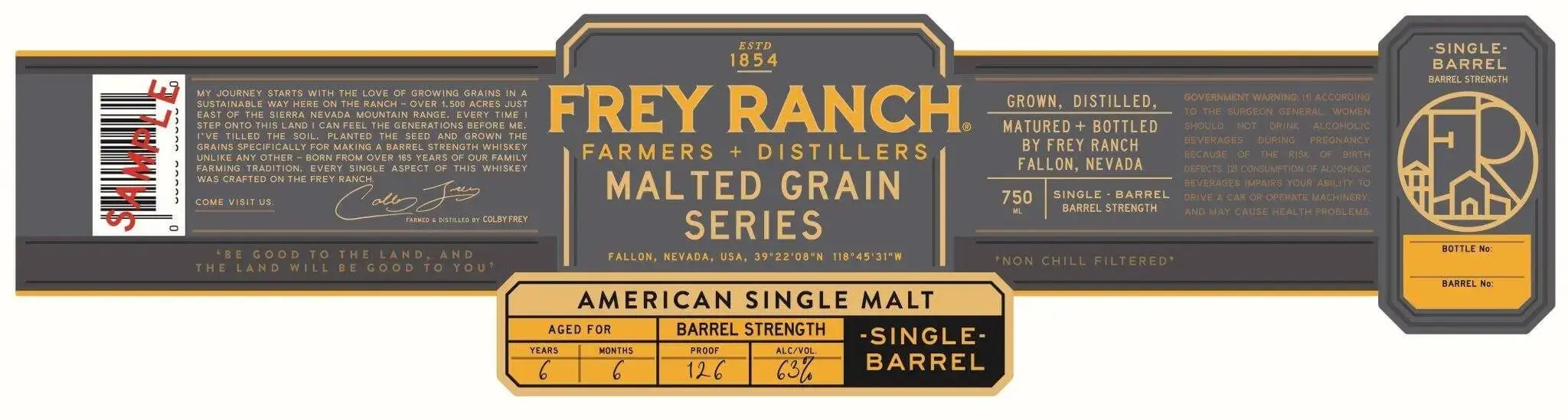 Frey Ranch Single Barrel Malted American Single Malt – 6 Years, Barrel Strength