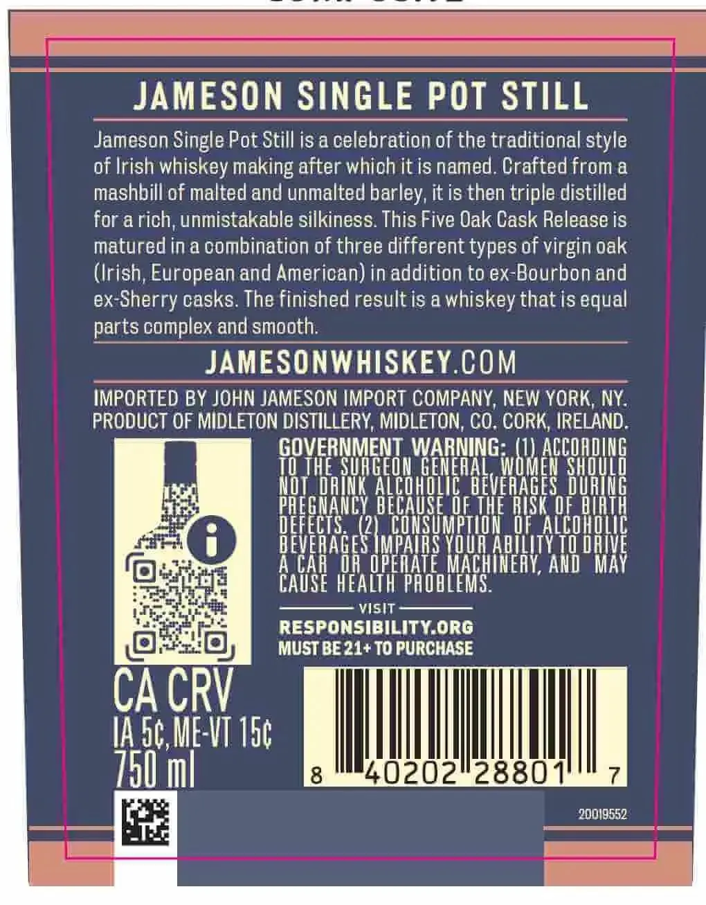 Jameson Single Pot Still Irish Whiskey Five Oak Cask Release - Image 2