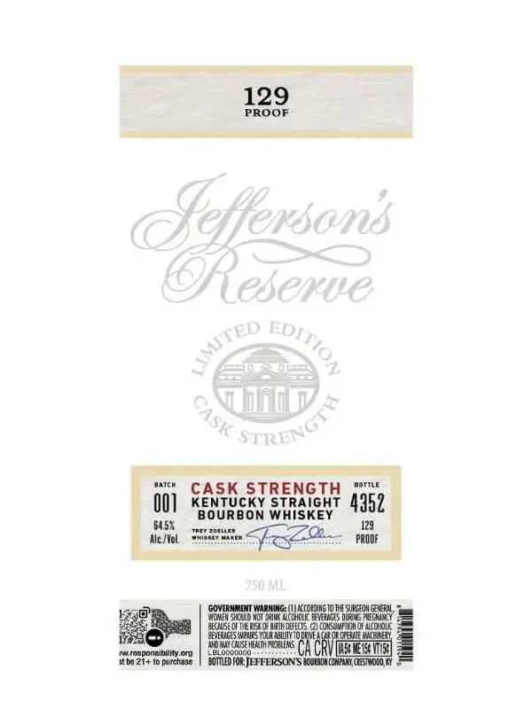 Jefferson's Reserve Limited Edition Cask Strength Kentucky Straight Bourbon Whiskey