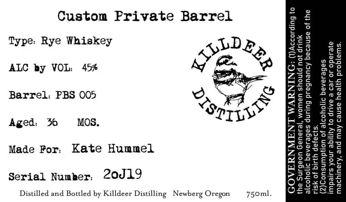 Killdeer Distilling Custom Private Barrel Rye Whiskey