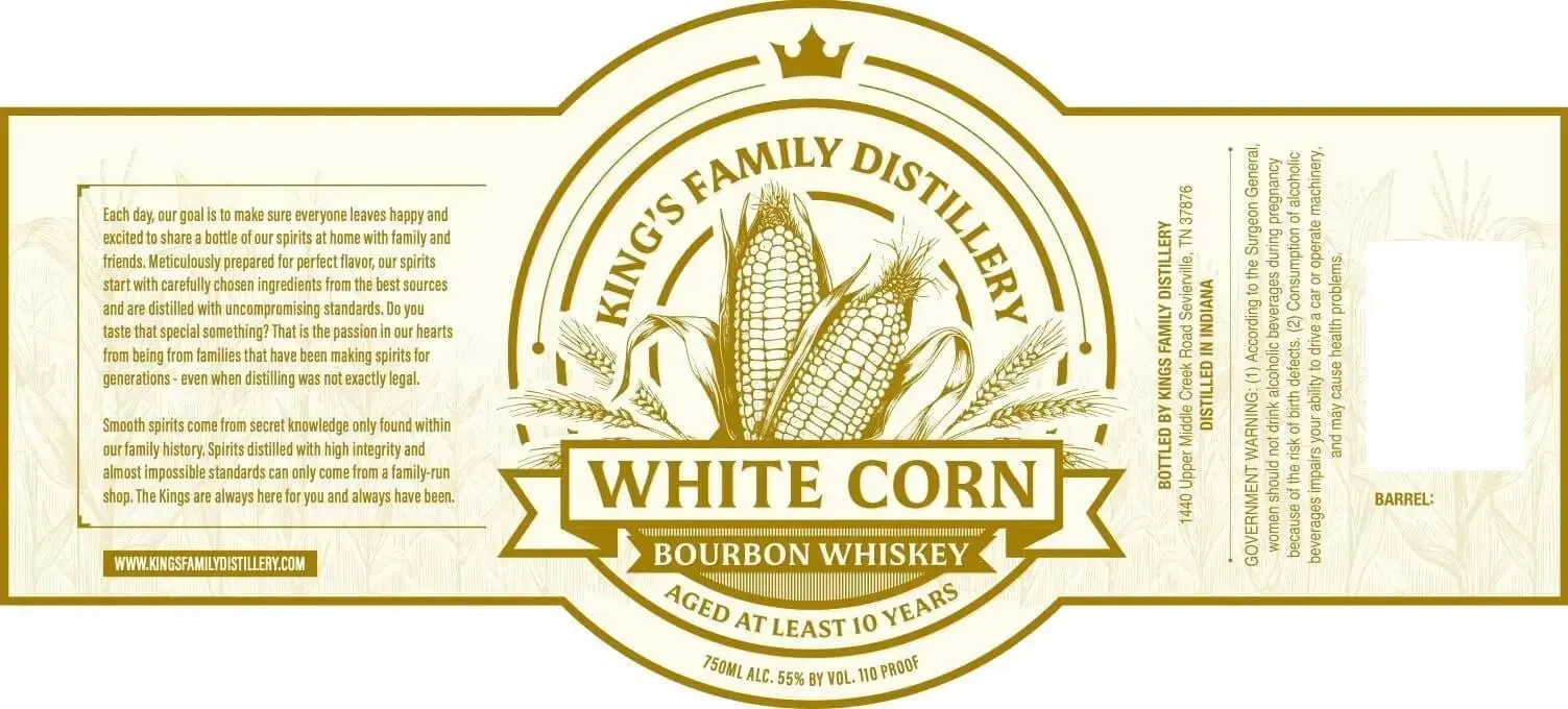King's Family Distillery White Corn Bourbon Whiskey Aged 10 Years