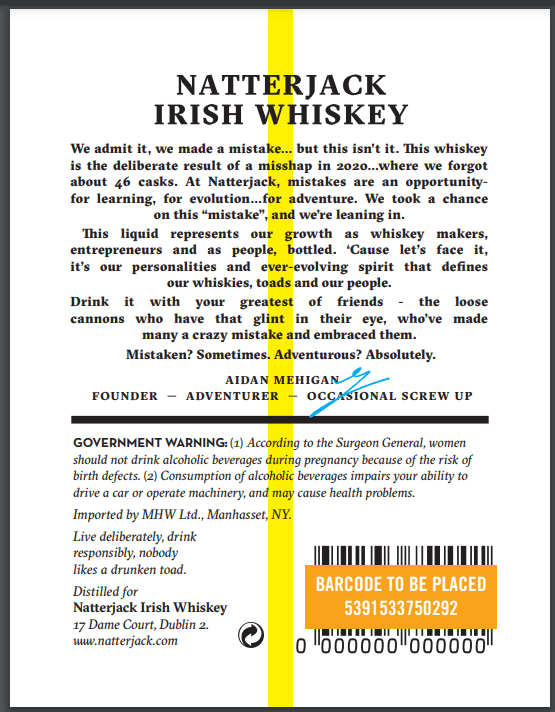 Natterjack Irish Whiskey The Mistake - Heavily Oaked 700ml 46% ABV - Image 2