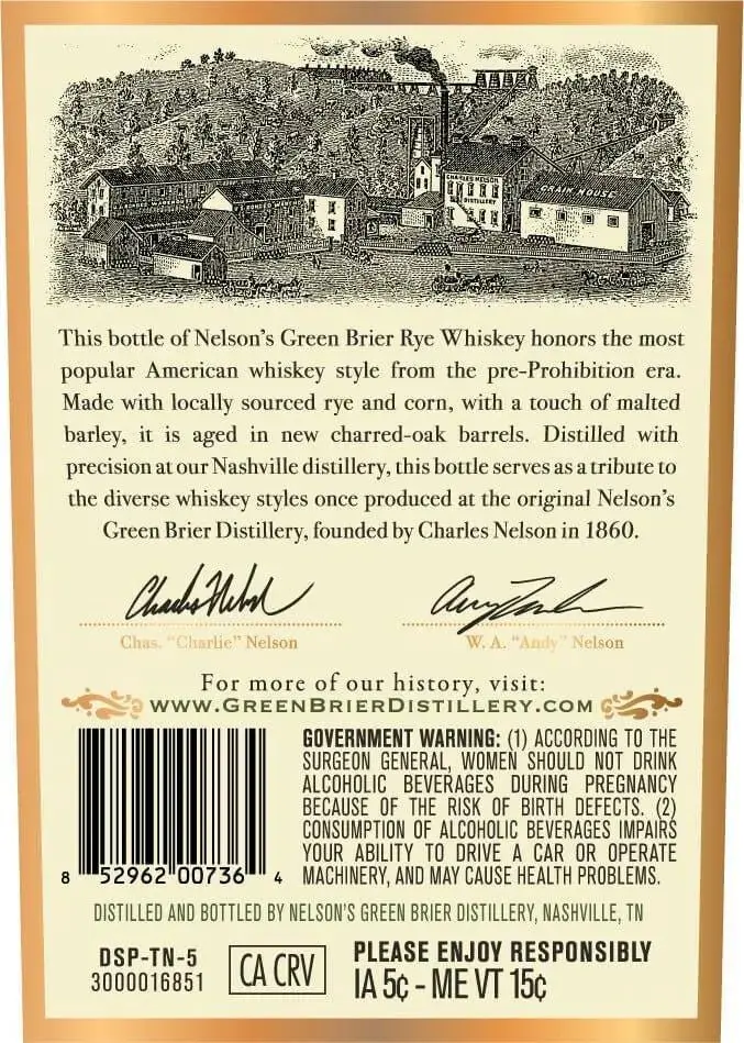 Nelson's Green Brier Rye Whiskey 750ml - Image 2