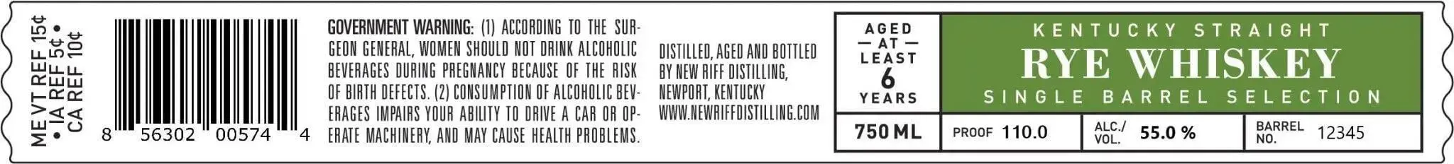 New Riff Kentucky Straight Rye Whiskey Single Barrel Selection, 6 Years Old, Barrel Proof - Image 2