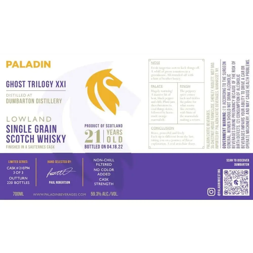 Paladin Ghost Trilogy XXI Dumbarton Distillery 21 Year Old Sauternes Cask 2022