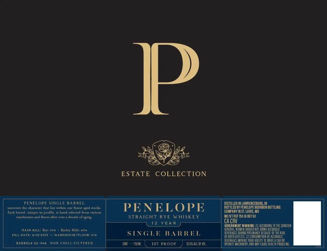 Penelope Estate Collection 12 Year Single Barrel Straight Rye Whiskey