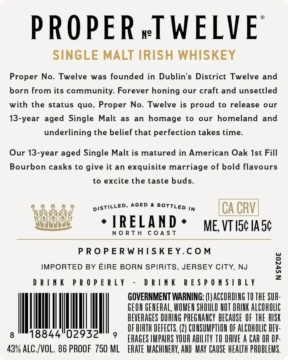 Proper No. Twelve 13 Year Old Single Malt Irish Whiskey Limited Release No. 01 - Image 2