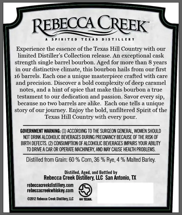 Rebecca Creek Distiller’s Collection Bourbon Whiskey Single Barrel Cask Strength - Image 2