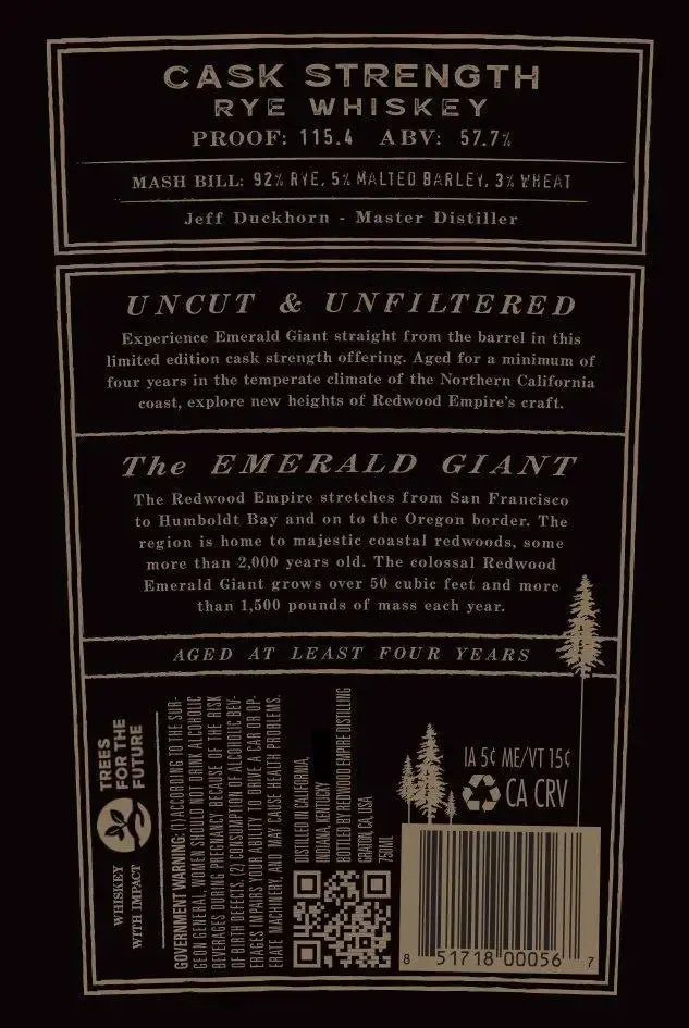 Redwood Empire Emerald Giant Cask Strength Rye Whiskey - Image 2