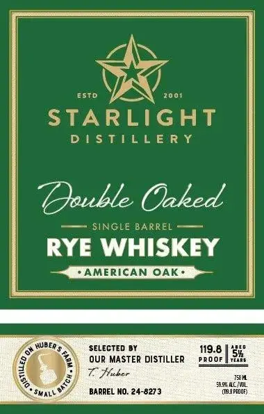Starlight Distillery Double Oaked Rye Whiskey American Oak Single Barrel