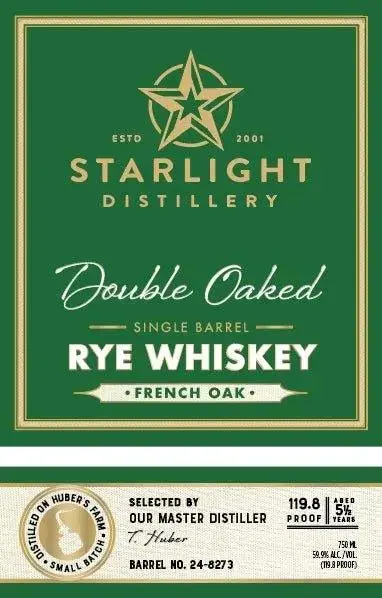 Starlight Distillery Double Oaked Rye Whiskey French Oak Single Barrel