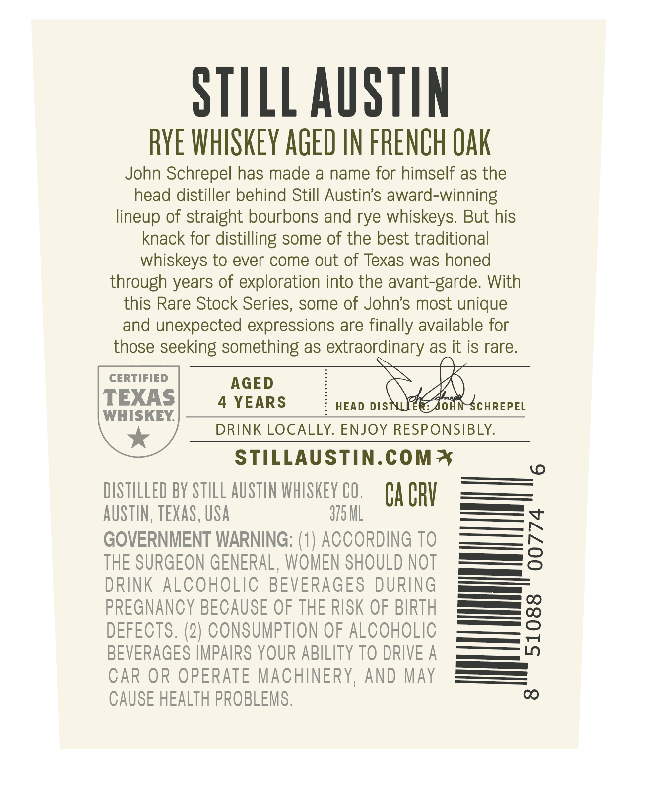 Still Austin Rare Stock Rye Whiskey Aged 4 Years in French Oak 375ml - Image 2