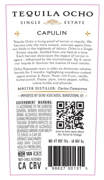 Tequila Ocho Reposado Single Estate Capulin